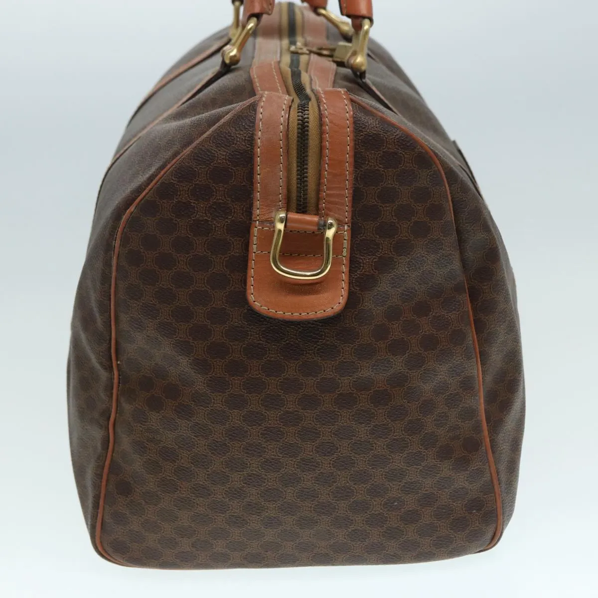 CELINE Macadam Canvas Boston Bag PVC Leather 2way Brown Gold Auth tb1116